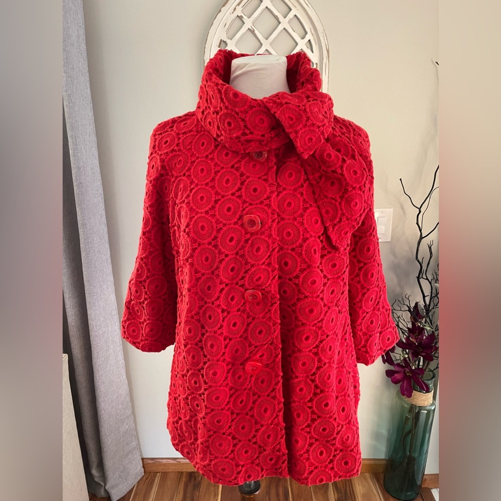 Anthropologie Tabitha Eyelet 100% Cotton Swing Coat In Bright Red Size L
